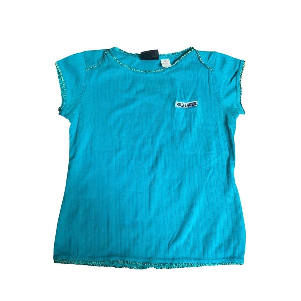 VTG Harley Davidson Women's Ribbed Top Turquoise Blue Stitch Crop Shirt Sz S Y2K